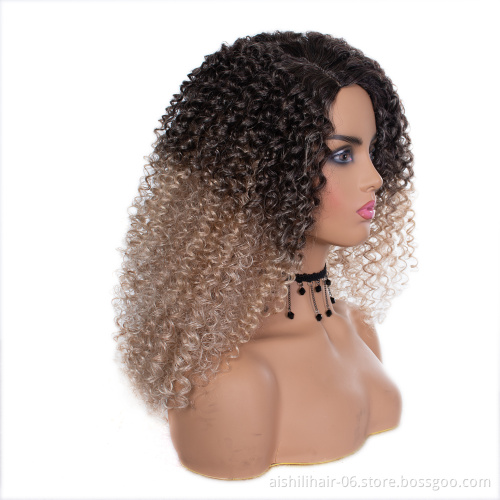 Wholesale heat resistant ombre black hair root to blonde kinky curly long wig hair synthetic hair wigs for women